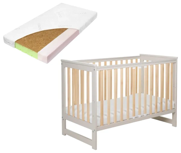 YOONCO - łóżeczko drewniane Iwi z barierką + materac Nature | Beż-Buk