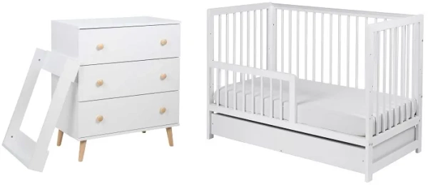 YOONCO - łóżeczko drewniane Timio z szufladą + komoda z przewijakiem | Białe