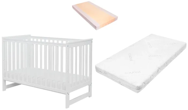 YOONCO - łóżeczko drewniane Iwi z barierką + materac Air | Białe