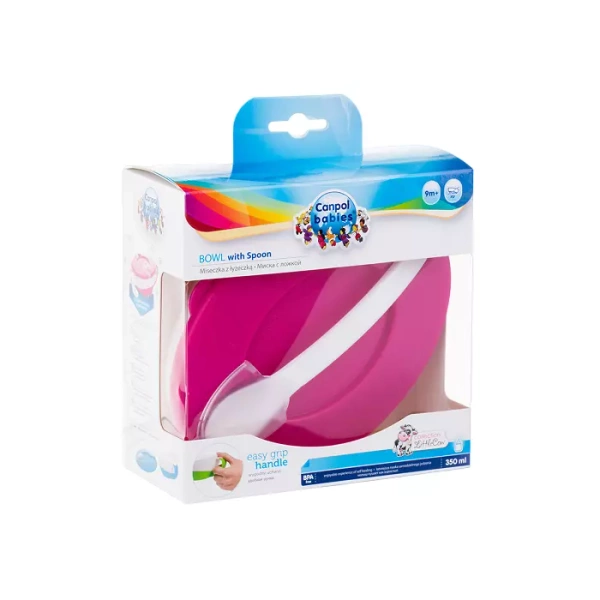 CANPOL BABIES -  miska z łyżeczką i pokrywką 350ml | KRÓWKA różowa