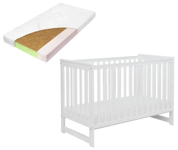 YOONCO - łóżeczko drewniane Iwi z barierką + materac Nature | Białe