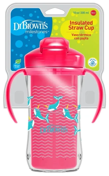 DR BROWN'S - kubek termiczny niekapek ze słomką 300 ml, 12 m+ | Różowy