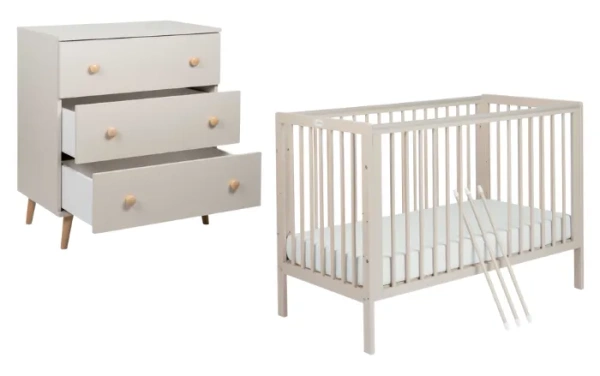 YOONCO - łóżeczko drewniane Timio + komoda z przewijakiem | Beż