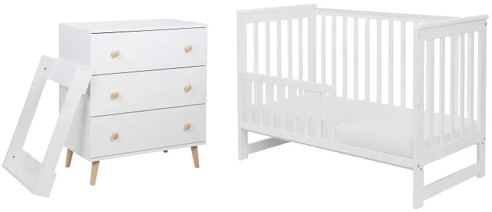 YOONCO - łóżeczko drewniane Iwi + komoda z przewijakiem | Białe