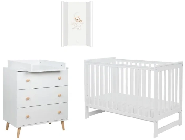 YOONCO - łóżeczko Iwi + komoda + przewijak miękki Miś | Białe