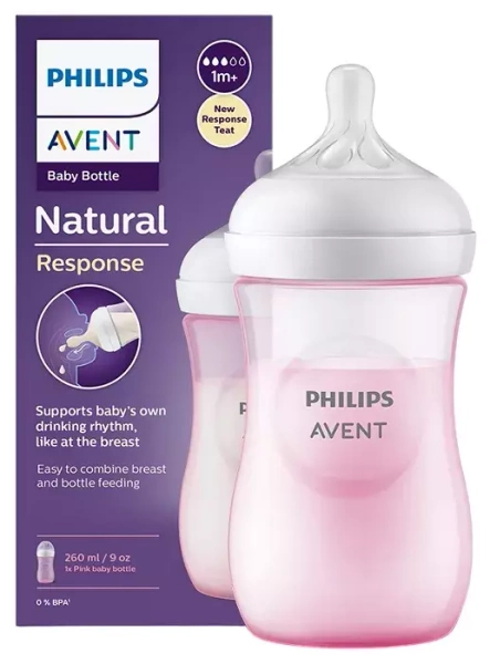 PHILIPS AVENT Natural Response - responsywna butelka antykolkowa 260 ml PINK | 1 m+