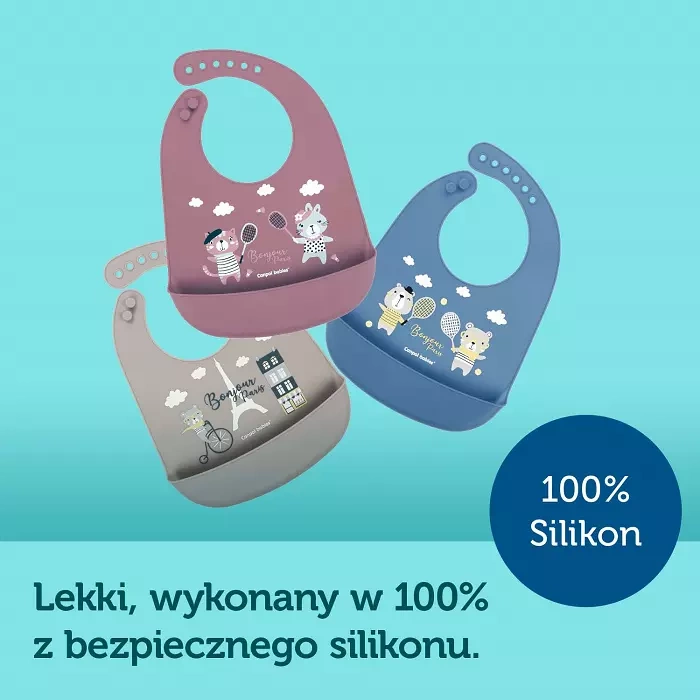 CANPOL BABIES - śliniak silikonowy z kieszonką BONJOUR PARIS | różowy