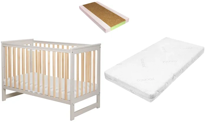 YOONCO - łóżeczko drewniane Iwi z barierką + materac Nature | Beż-Buk