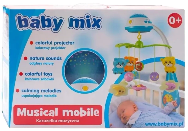 BABY MIX - karuzela do łóżeczka z projektorem i pozytywką | Czerwona