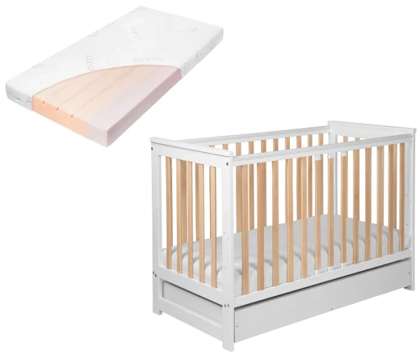 YOONCO - łóżeczko drewniane Iwi z szufladą i barierką + materac Air | Białe-Buk