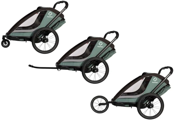 HAMAX Cocoon One - jednoosobowa przyczepka rowerowa z zestawem do biegania | Green/Black