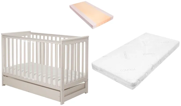 YOONCO - łóżeczko drewniane Iwi z szufladą i barierką + materac Air | Beżowe