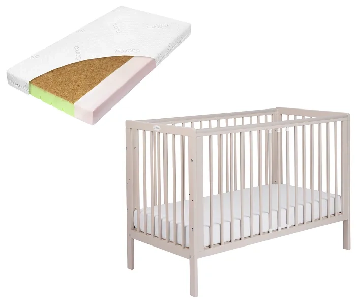 YOONCO - łóżeczko drewniane Timio z barierką + materac Nature | Beżowe