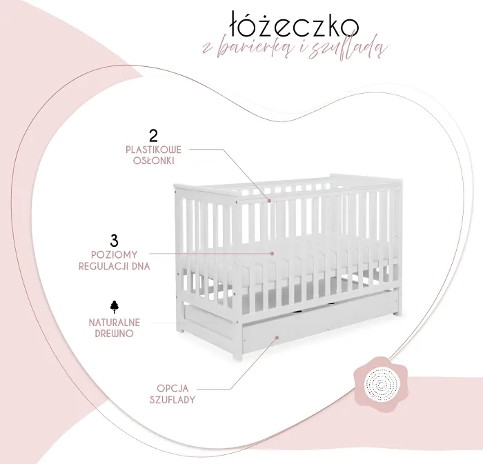 YOONCO - łóżeczko drewniane Iwi z szufladą i barierką + materac Nature | Białe