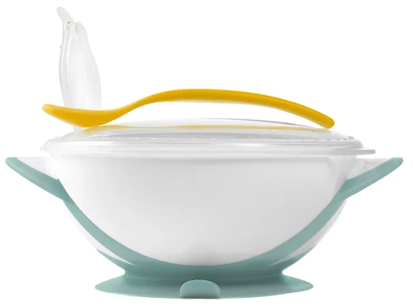 BABYONO - miseczka z przyssawką, przykrywką i łyżeczką | Zielona