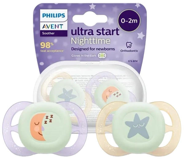 PHILIPS AVENT - antykolkowa butelka Natural Response 125 ml + smoczek ortodontyczny Ultra Start Nighttime 2 szt. | 0 m+