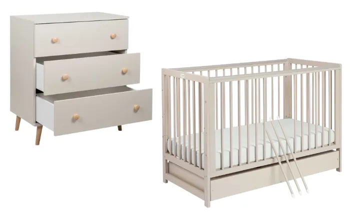 YOONCO - łóżeczko drewniane Timio z szufladą + komoda z przewijakiem | Beż