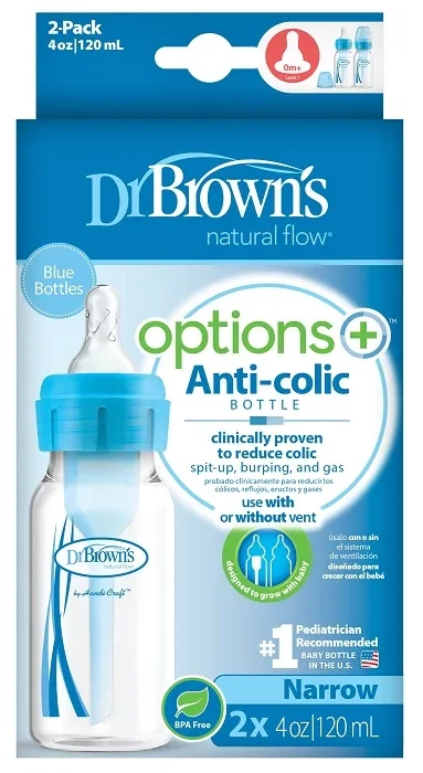 DR BROWN'S Options+ - 2 x antykolkowa, wąska butelka standard 120 ml, poziom 1 | 0 m+