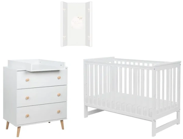 YOONCO - łóżeczko Iwi + komoda + przewijak miękki Owieczka | Białe