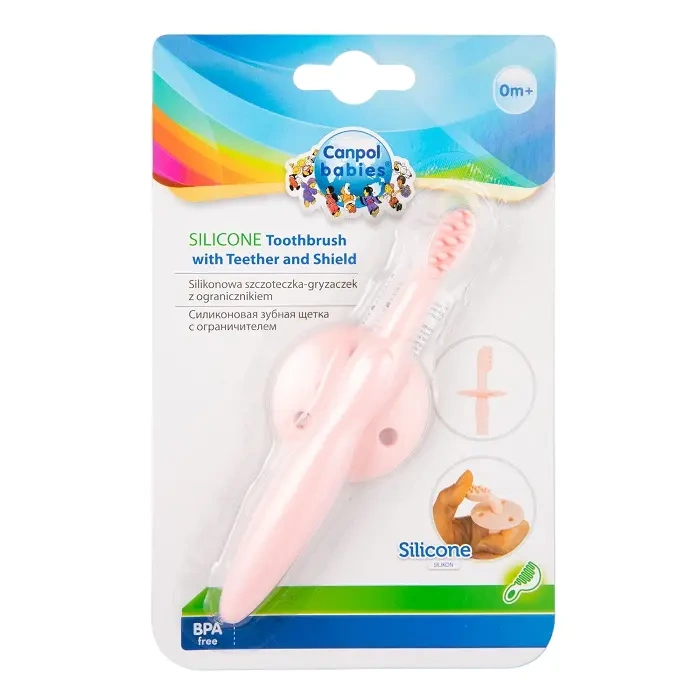 CANPOL BABIES - silikonowa szczoteczka - gryzaczek z ogranicznikiem | różowa