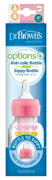 DR BROWN'S Options+ - antykolkowa, wąska butelka standard 250 ml ze smoczkiem i ustnikiem 6 m+ | Różowa