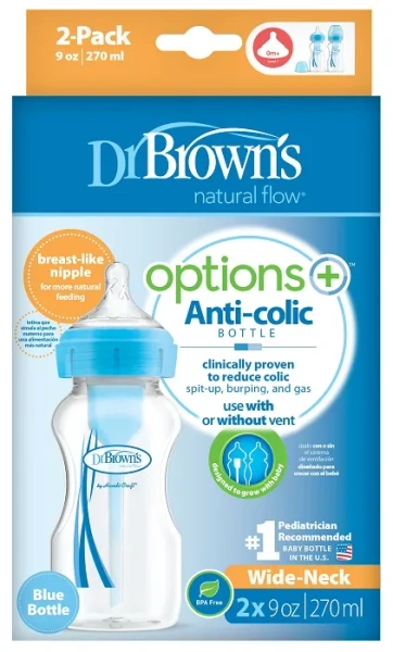 DR BROWN'S Options+ - 2 x antykolkowa, szeroka butelka 270 ml (0 m+) | Niebieska