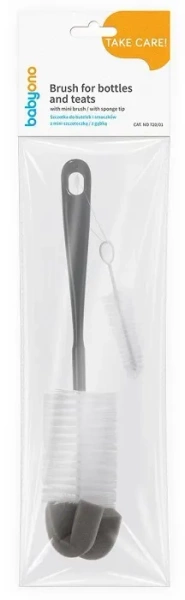 BABYONO - szczotka do butelek i smoczków z gąbką + mini szczoteczka | Szara