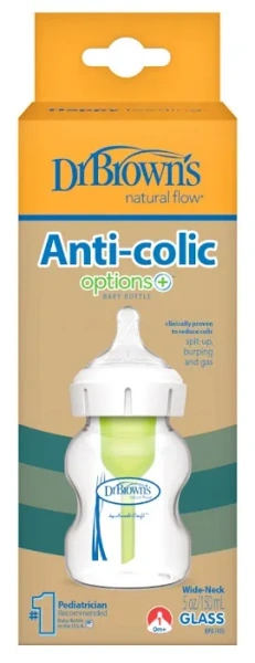 DR BROWN'S Options+ - antykolkowa, szeroka szklana butelka 150 ml, poziom 1 | 0 m+