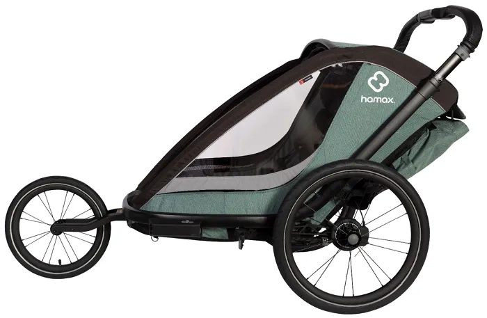 HAMAX Cocoon One - jednoosobowa przyczepka rowerowa z zestawem do biegania | Green/Black