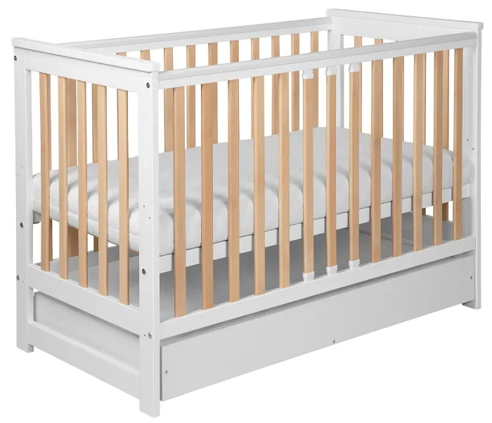 YOONCO - łóżeczko drewniane Iwi z szufladą i barierką + materac Nature | Białe-Buk