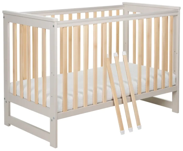 YOONCO - łóżeczko drewniane Iwi z barierką + materac Air | Beż-Buk