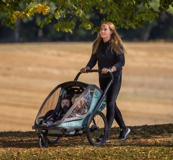 HAMAX Cocoon - dwuosobowa przyczepka rowerowa z zestawem do biegania | Grey/Black