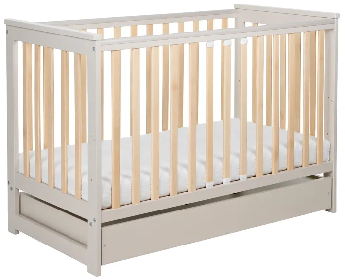 YOONCO - łóżeczko drewniane Iwi z szufladą i barierką + materac Wave | Beż-Buk