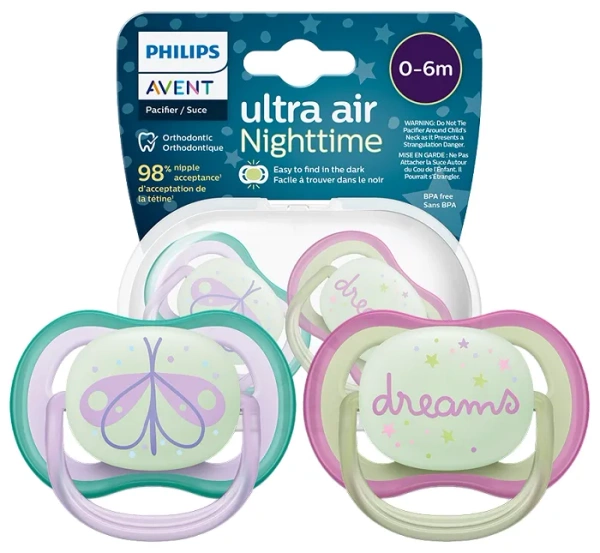 PHILIPS AVENT Ultra Air Nighttime - smoczek ortodontyczny 2 szt. | 0-6 m
