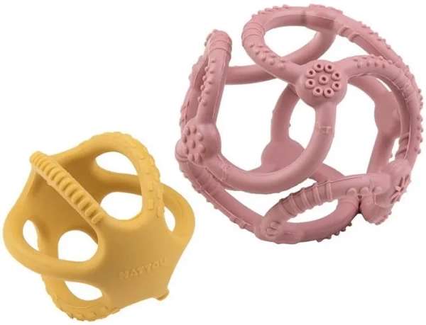 NATTOU - gryzak silikonowy kula 2w1 | Różowo-żółty