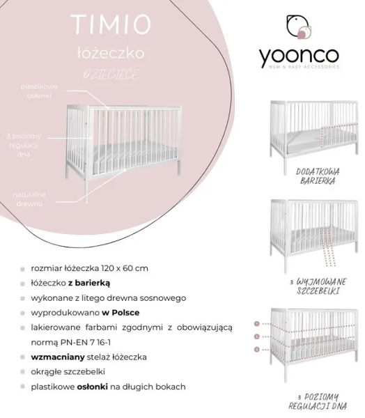 YOONCO - łóżeczko drewniane Timio z barierką | Białe