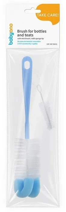 BABYONO - szczotka do butelek i smoczków z gąbką + mini szczoteczka | Niebieska