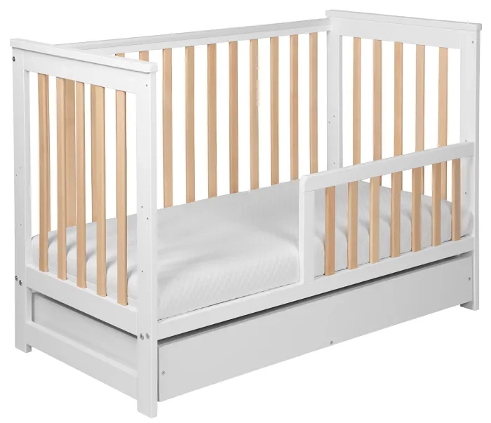 YOONCO - łóżeczko drewniane Iwi z szufladą i barierką + materac Wave | Białe-Buk