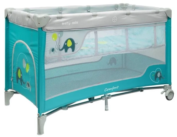 BABY MIX - łóżeczko turystyczne 2-poziomowe | Niebieskie słoniki