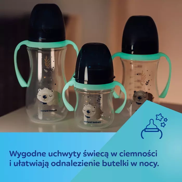CANPOL BABIES - butelka szeroka antykolkowa ze świecącymi uchwytami PP EasyStart 300ml | Sleepy Koala różowa