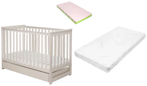 YOONCO - łóżeczko drewniane Iwi z szufladą i barierką + materac Wave | Beżowe
