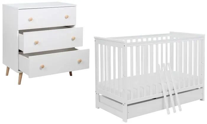 YOONCO - łóżeczko drewniane Iwi z szufladą + komoda z przewijakiem | Białe