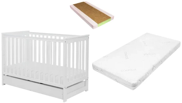 YOONCO - łóżeczko drewniane Iwi z szufladą i barierką + materac Nature | Białe