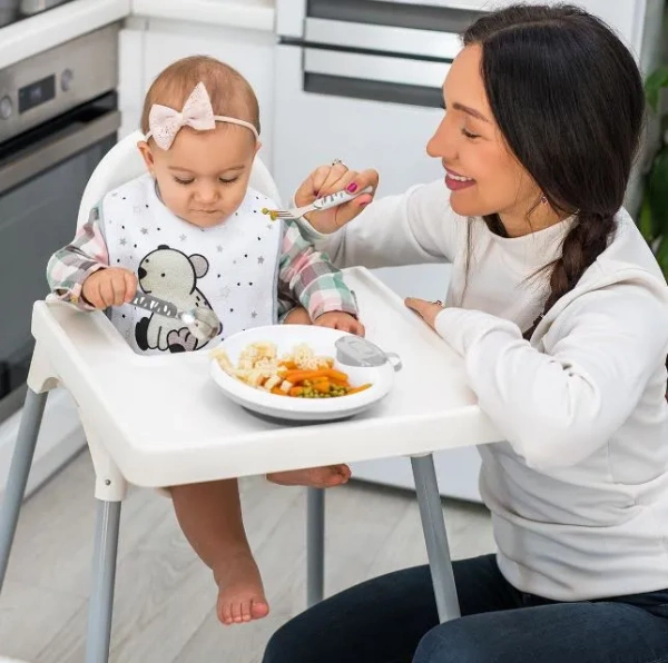 BABYONO - łyżeczka i widelec ze stali szlachetnej | Szaro-białe