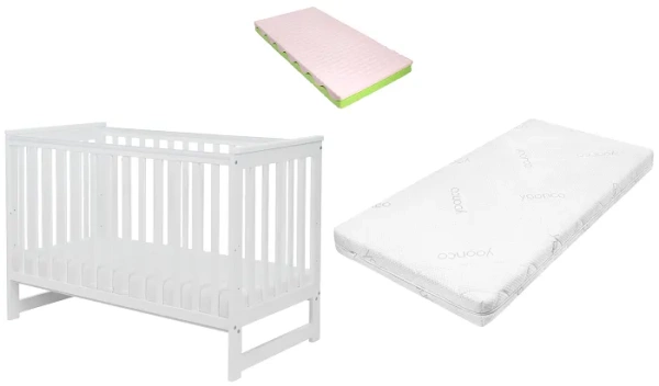 YOONCO - łóżeczko drewniane Iwi z barierką + materac Wave | Białe
