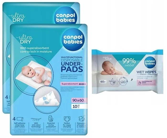podkłady higieniczne 60x90 cm + mokre chusteczki dla niemowląt