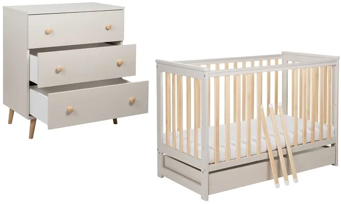 YOONCO - łóżeczko drewniane Iwi z szufladą + komoda z przewijakiem | Beż-Buk