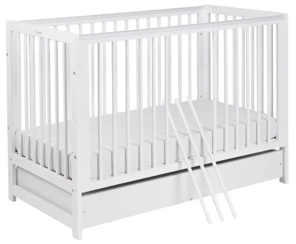 YOONCO - łóżeczko drewniane Timio z szufladą i barierką + materac Nature | Białe