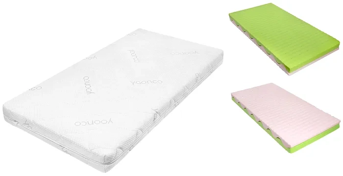 YOONCO - łóżeczko drewniane Iwi z barierką + materac Wave | Beż-Buk