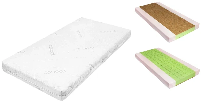 YOONCO - łóżeczko drewniane Iwi z barierką + materac Nature | Białe-Buk